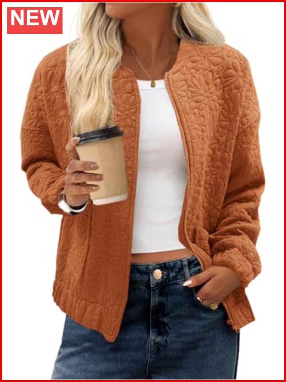 Womens Jacquard Bomber Jacket Zip Up Lightweight Casual Coat